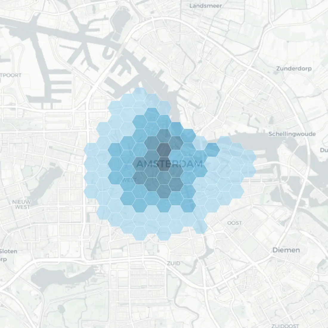 IRIS catchment map around a store in Amsterdam, with the site marker and its travel-time catchment drawn over the surrounding streets. Illustrative sample.