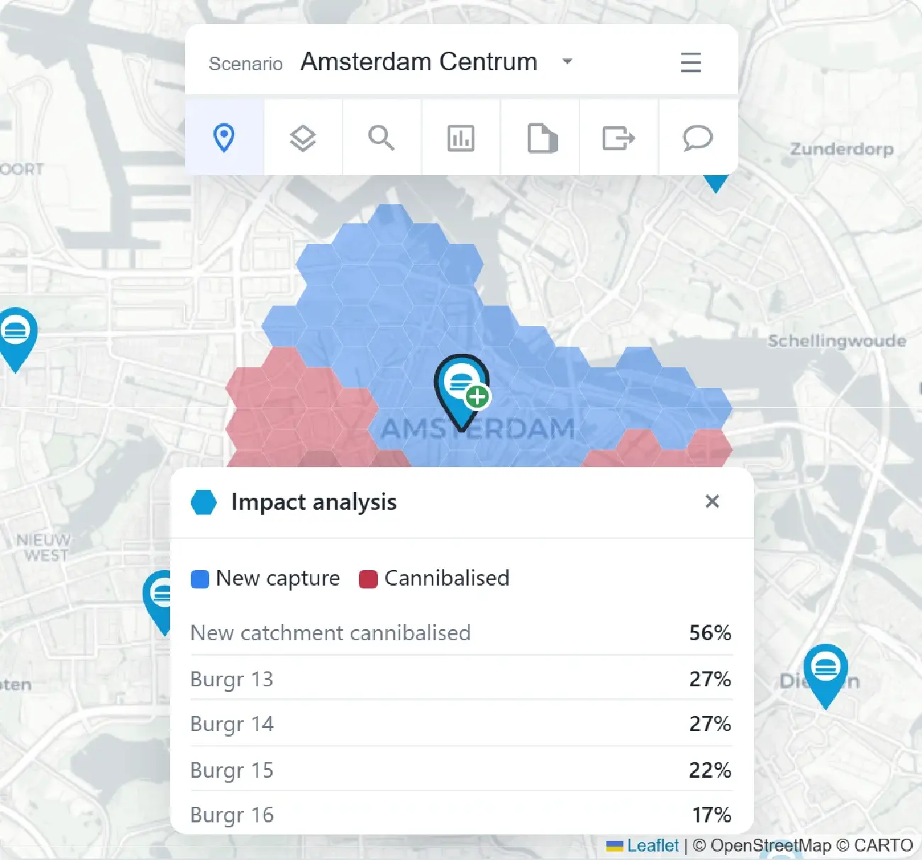 IRIS impact analysis for a candidate Amsterdam locker: blue hexes mark newly reached demand, red hexes mark demand pulled from nearby sites you already run, and a panel lists the transfer per existing site. Illustrative sample.