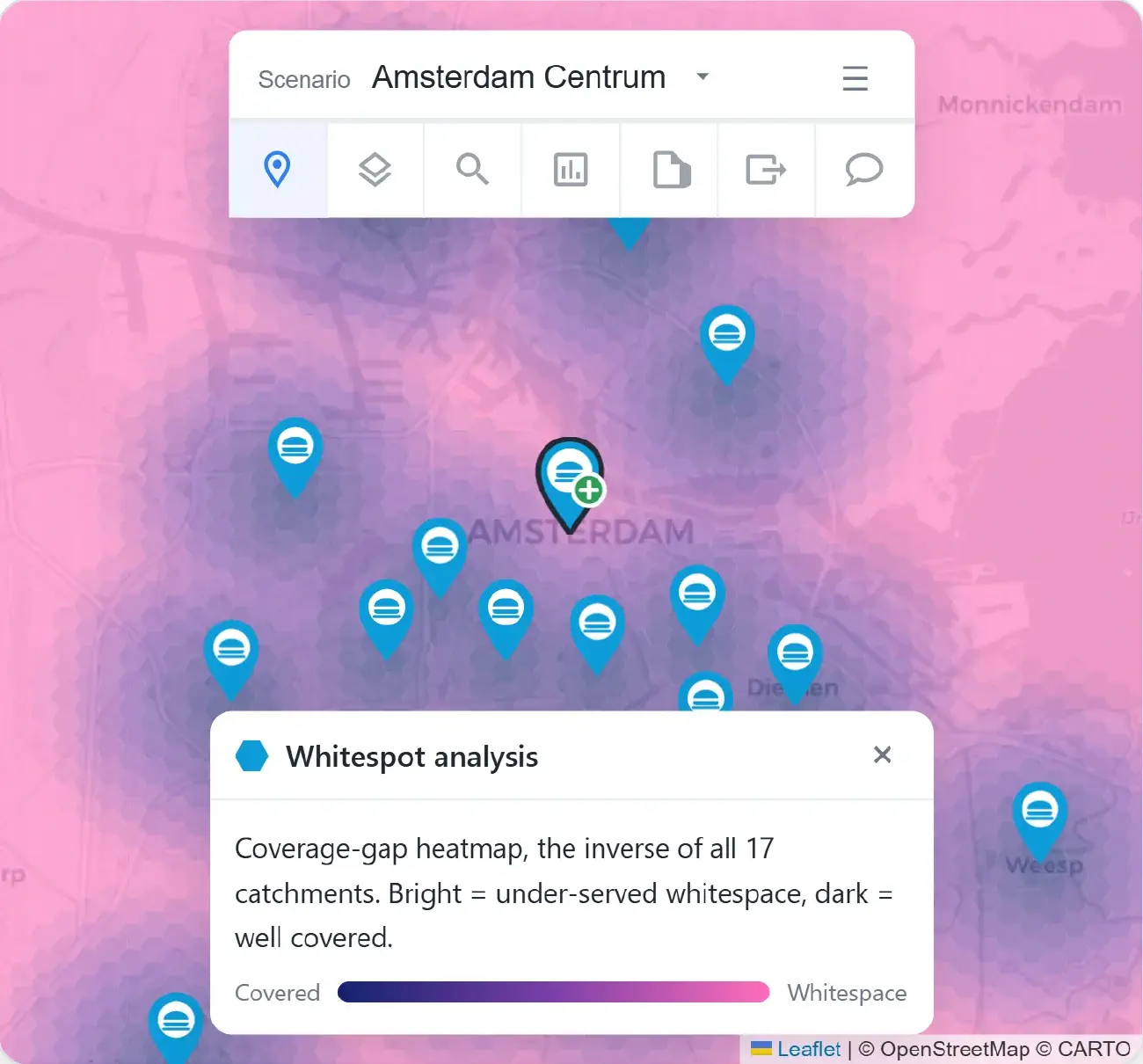 IRIS coverage-gap map of Amsterdam: a pink-to-dark heatmap where bright areas are under-served demand and your existing lockers and hubs are pinned, with a white-space analysis panel open. Illustrative sample on Amsterdam data.