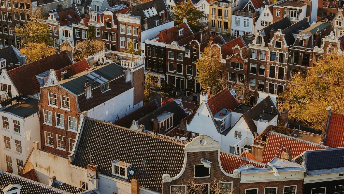 Aerial view straight down over a dense block of city rooftops, one small patch of ground of the kind IRIS reads into a single vector.