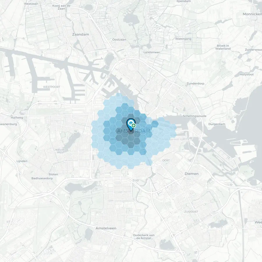 IRIS travel-time catchment around a candidate Amsterdam site: reach hexes densest at the site and fading outward, shaded by how much of the population each ring reaches. Illustrative sample on Amsterdam data.