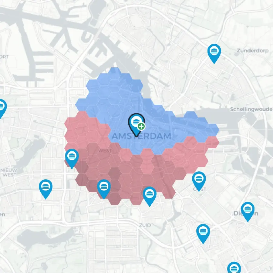 IRIS impact map for a candidate Amsterdam store: blue hexes mark newly captured catchment, red hexes mark demand cannibalised from nearby stores you already run. Illustrative sample.