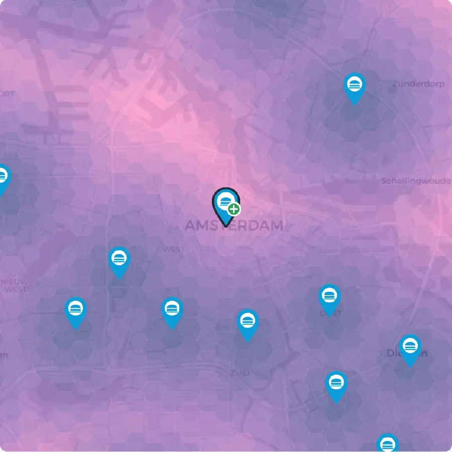 IRIS coverage-gap (white-space) map of Amsterdam: bright areas are under-served white space, darker areas are already well covered by the stores you run, each pinned. Illustrative sample.